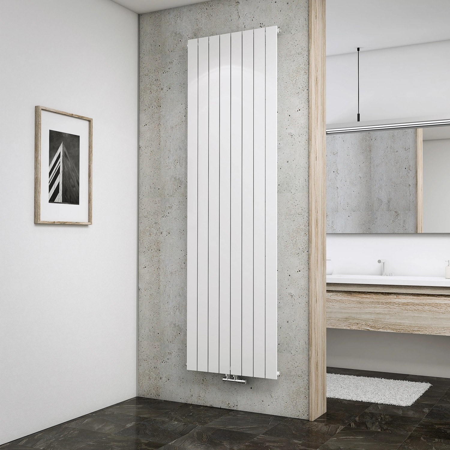 Schulter Design-Heizkörper Aachen, Mittelanschluss, Alpinweiß, 1502 W, im Badezimmer.