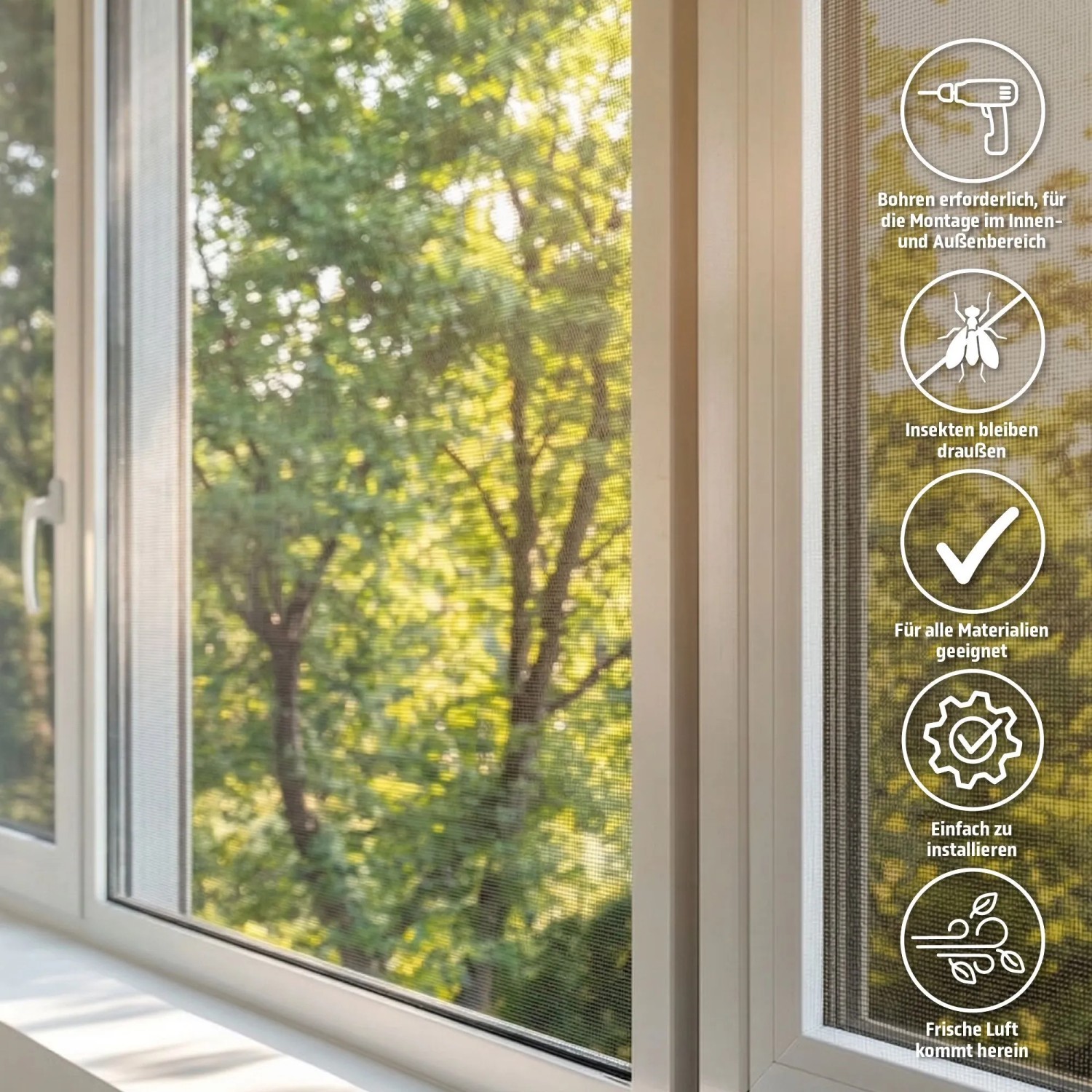 Weißes Insektenschutzrollo mit Kassette am Fenster montiert.