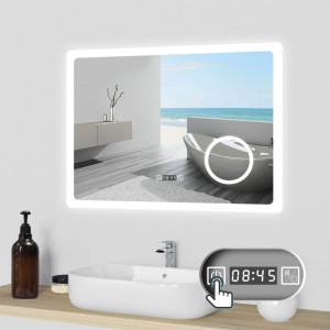 Aica LED Badspiegel 80x60 cm mit digitaler Uhr, dimmbarer Beleuchtung, Anti-Beschlag und Touch-Steuerung.