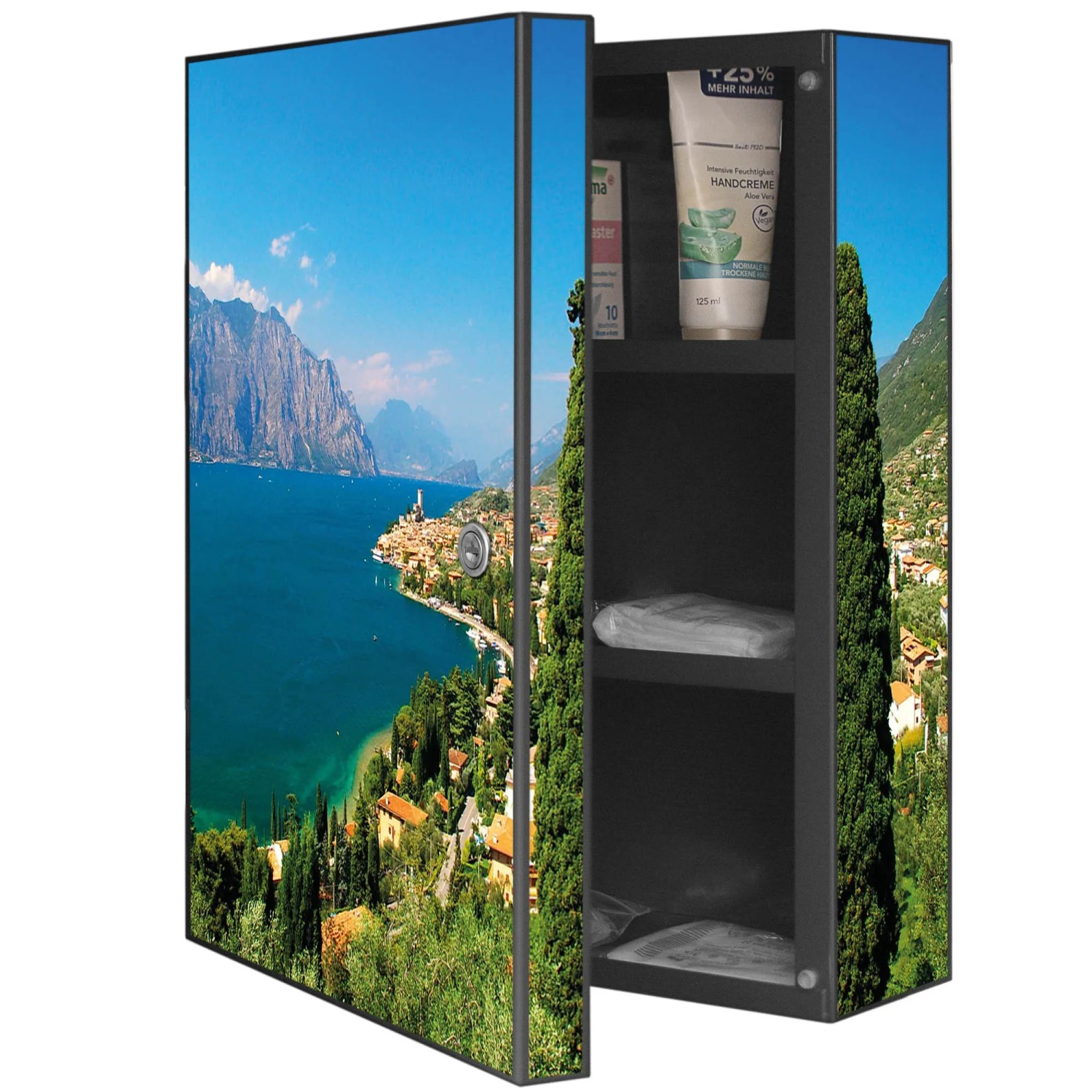 Abschließbarer Banjado XXL Medizinschrank mit Gardasee Motiv, anthrazit, 35x46x15cm.