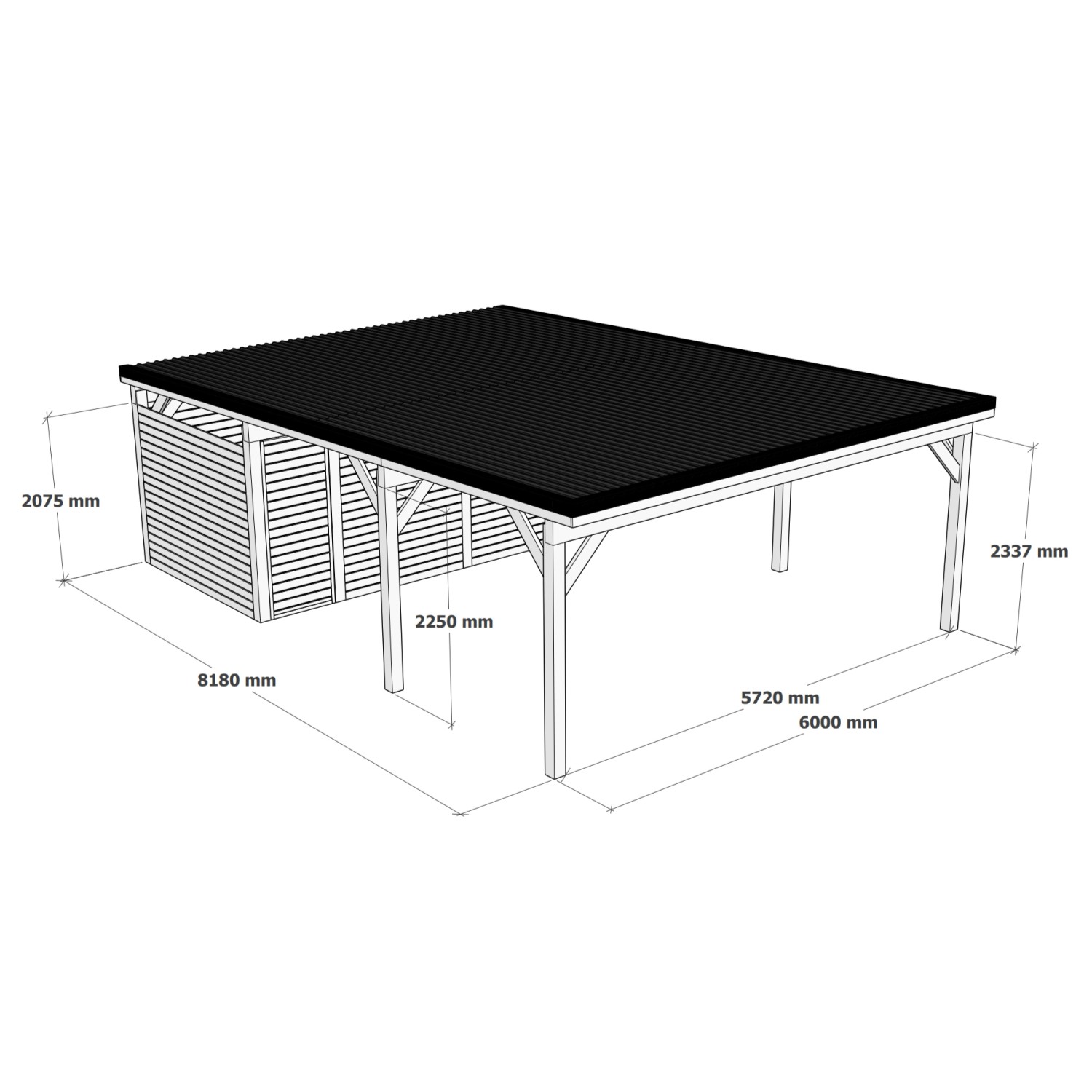 Holzbrüder Doppelcarport Ralf mit Geräteraum, naturbelassen, mit Maßangaben.