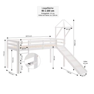 Weißes Homestyle4u Kinderhochbett 90x200 mit Rutsche, Leiter und Turm. Technische Zeichnung mit Maßen.
