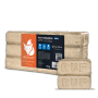 Heizfuxx RUF Original Blue Holzbriketts, 10kg Packung und zwei einzelne, eckige Briketts mit RUF-Prägung.