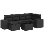 Schwarze 7-teilige Garten-Sofagarnitur aus Polyrattan mit Kissen und Tisch für Terrasse und Garten.