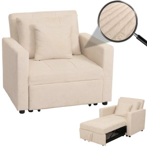 MCW Schlafsessel L90 Creme-Beige mit Kissen, Cordbezug und ausziehbarer Schlaffunktion.