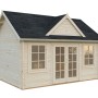 Naturbelassenes Palmako Gartenhaus Claudia aus Holz mit Doppeltür und Fenstern.