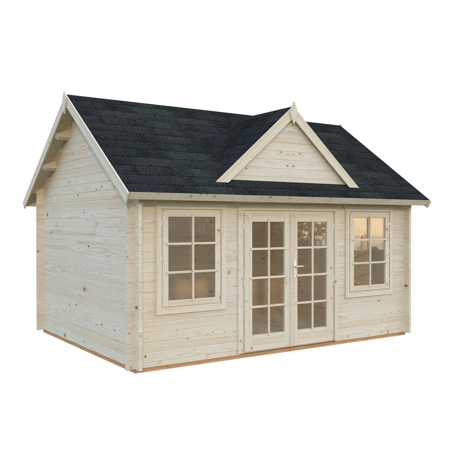 Naturbelassenes Palmako Gartenhaus Claudia aus Holz mit Doppeltür und Fenstern.