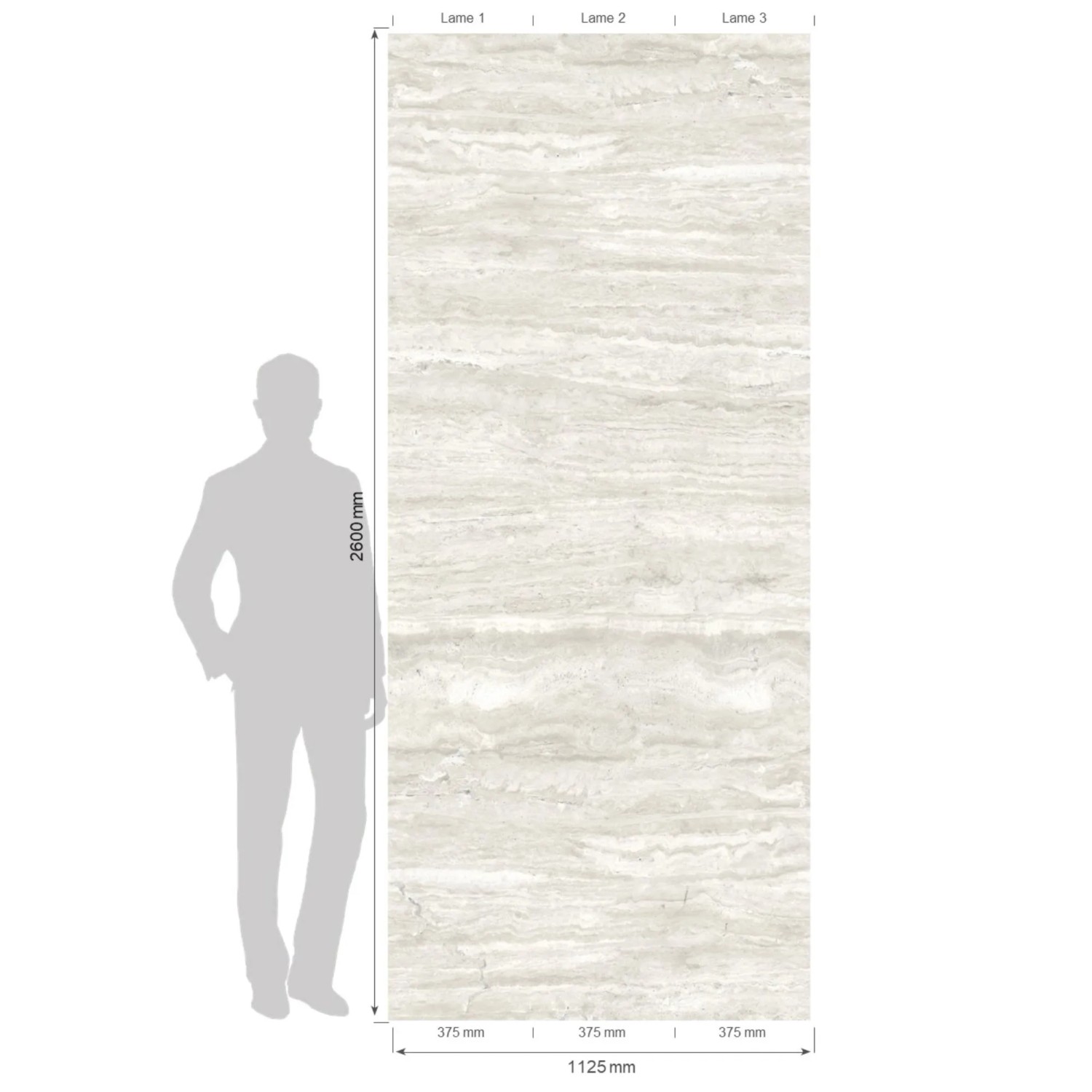 Grosfillex Wandpaneel Element 3D Optik Romano Bianco Matt, 260x37,5 cm, mit Maßangaben und Person als Größenvergleich.