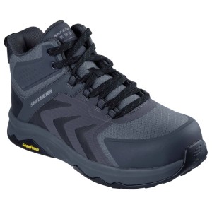 Skechers Sicherheitsschuhe Nordown S3S, dunkelgrau, knöchelhoch, mit Schnürung, Carbon-Schutzkappe und Goodyear Sohle.