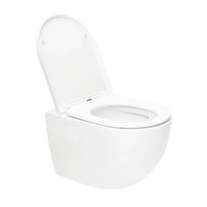 Weißes Wand-WC Set mit offenem SoftClose WC-Sitz. Spülrandloses Hänge-WC aus glänzender Keramik mit Tornado Spülung.