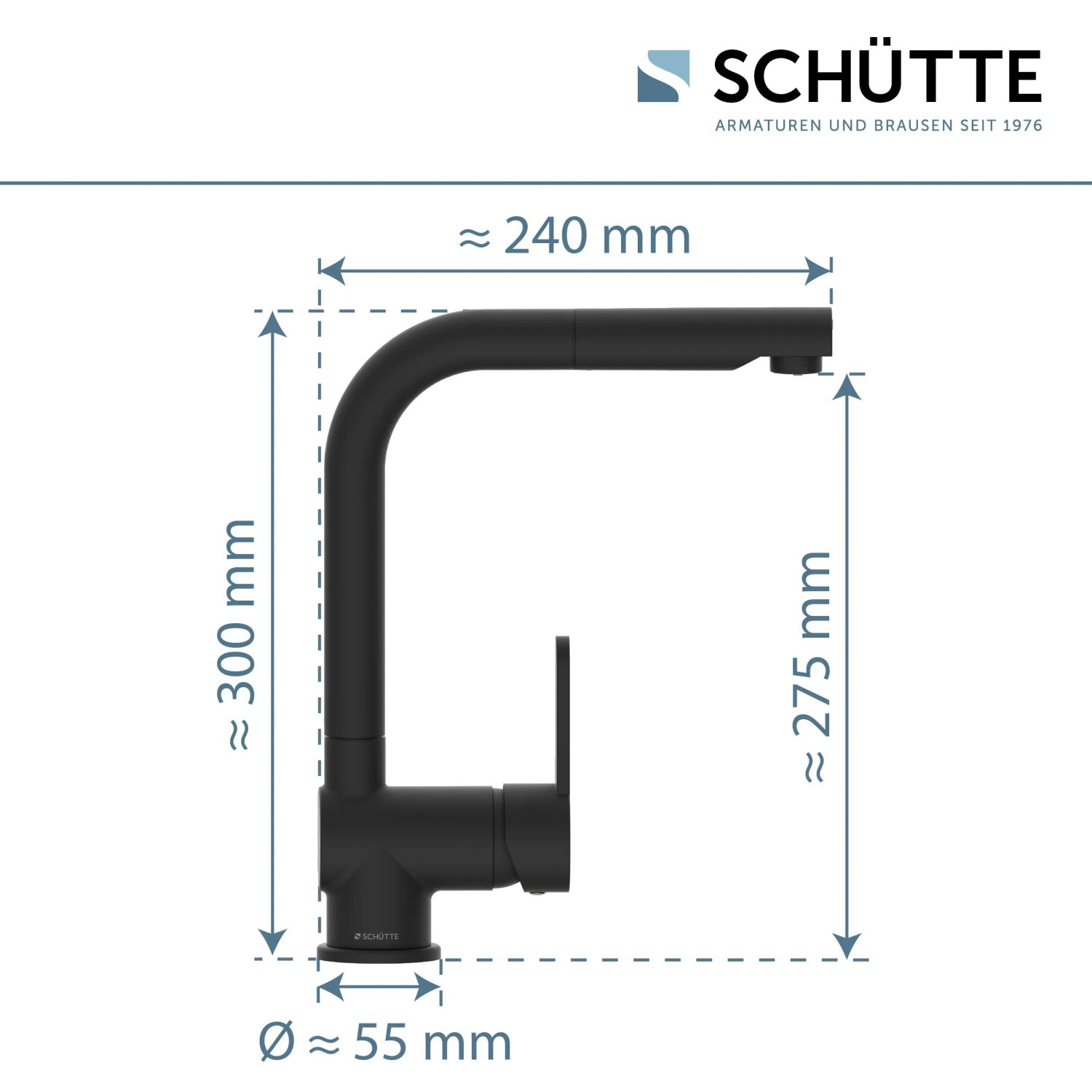 Schütte Spültischarmatur London, schwarz matt, mit Maßen für Montage und Installation.