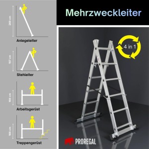 PROREGAL Aluminium Mehrzweckleiter 4-in-1. Als Stehleiter, Anlegeleiter, Arbeits- und Treppengerüst. Robustes Arbeitsgerüst.