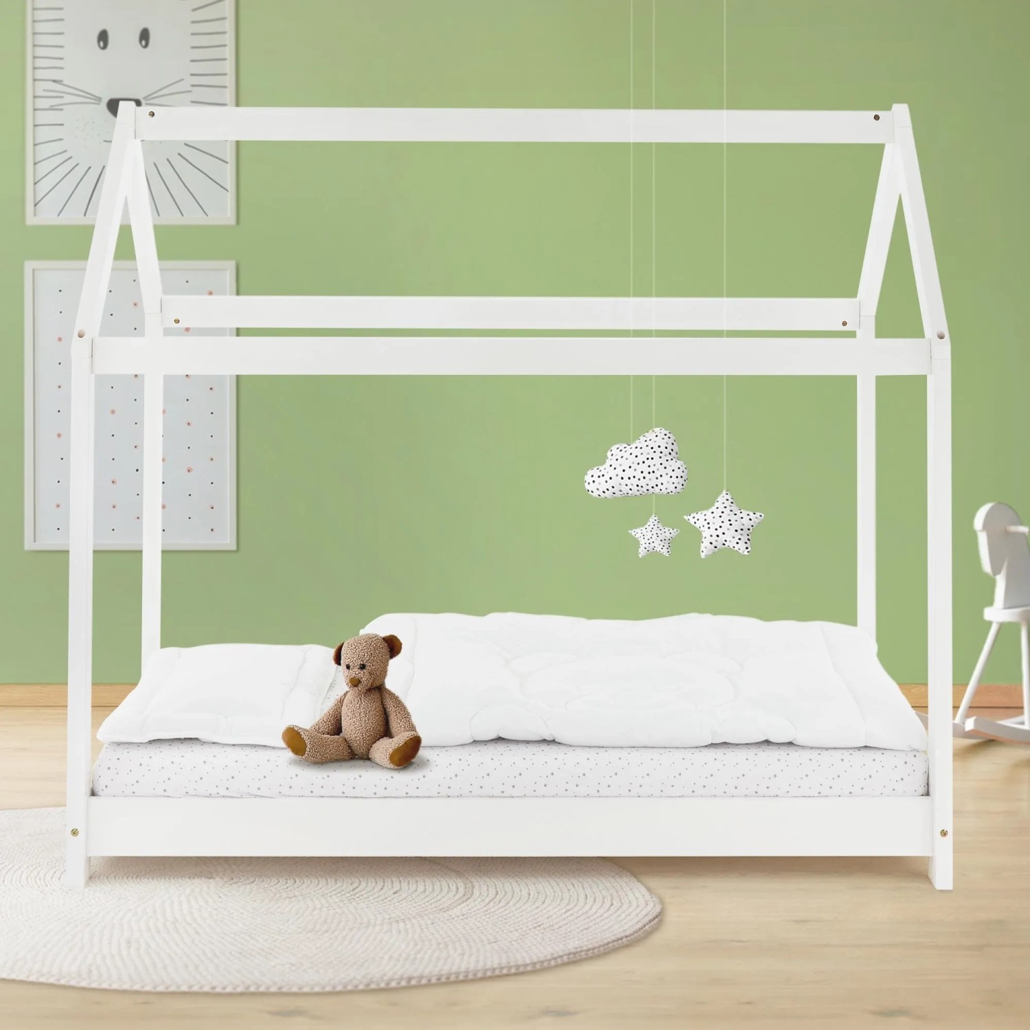 Weißes ML-Design Kinderbett 80x160 cm mit Dach und Lattenrost in Hausbett-Optik.