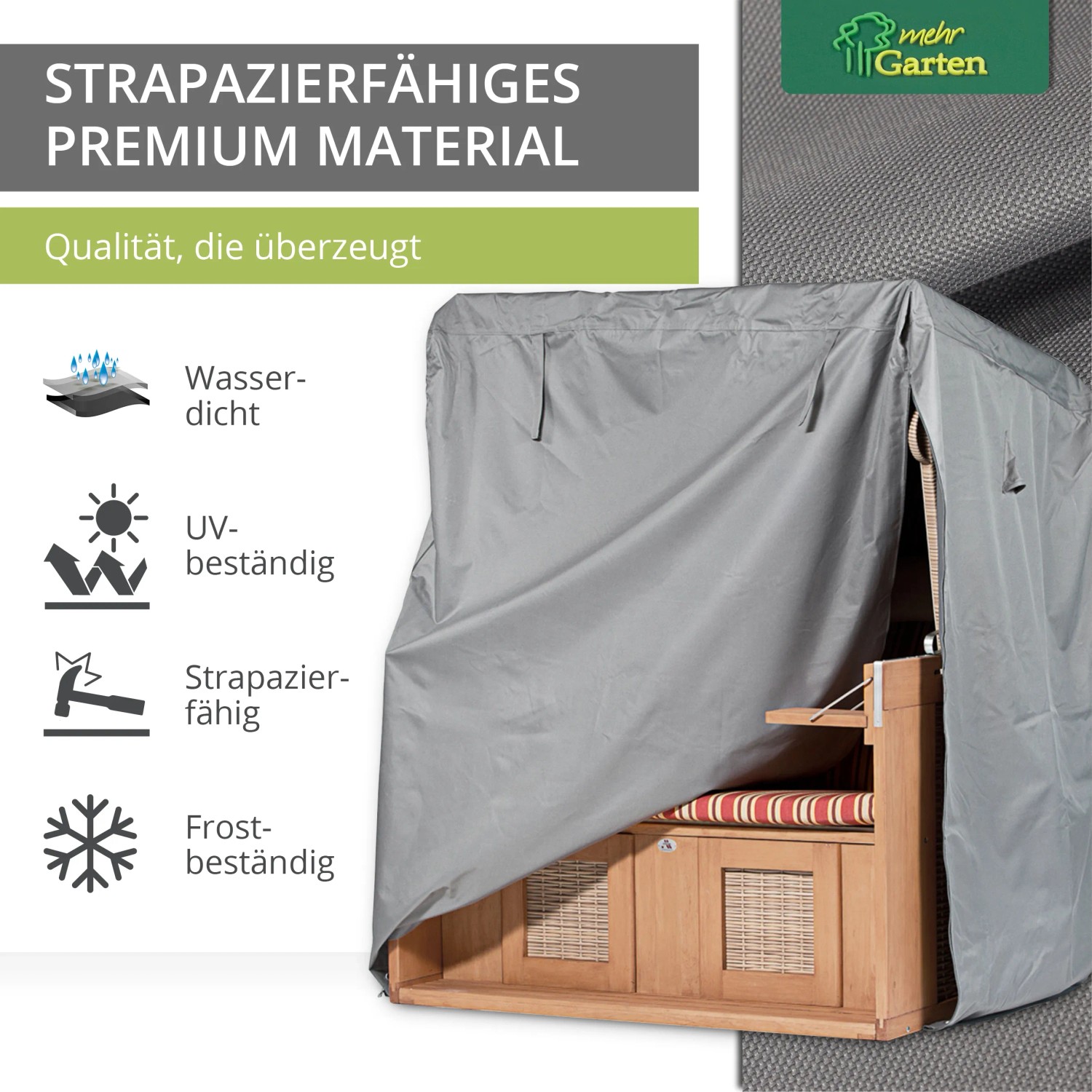 Graue Mehr Garten Premium Strandkorbhülle schützt Strandkorb vor Wind und Wetter.