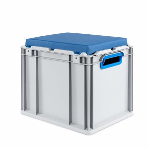 Graue Eurobox Sitzbox mit blauem Sitzkissen, 30 Liter, mit Griffen. Aufbewahrungsbox, Transportbox.