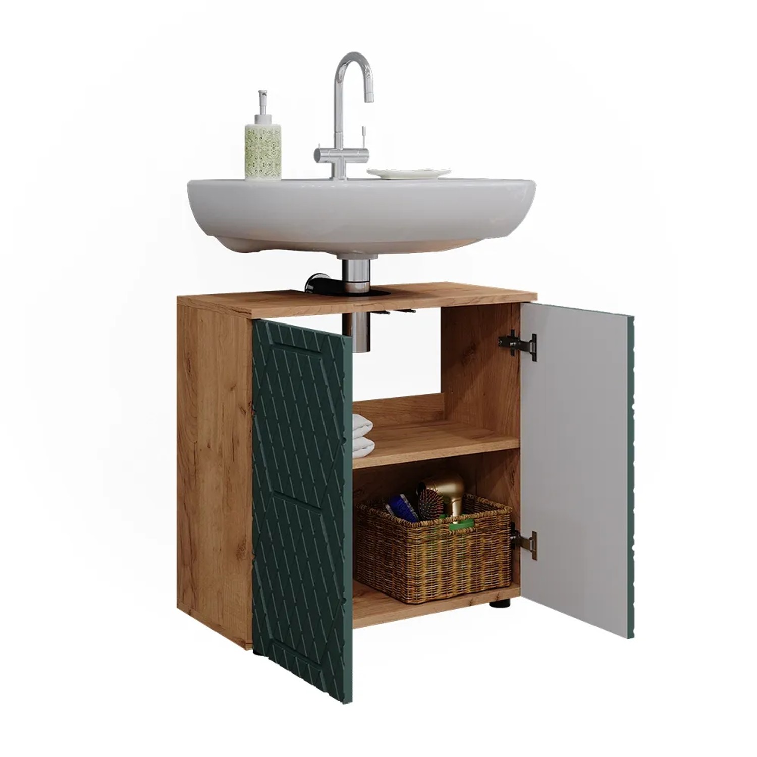 Vicco Waschbeckenunterschrank Irma, Eiche/Grün, 60 cm breit, mit offen stehenden Türen.