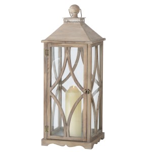 Große, naturfarbene Boltze Home Laterne Karol aus Holz und Glas mit Kerze, 75 cm hoch.