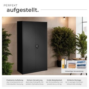Schwarzer Tectake Spind aus Stahl mit 2 Türen, 180x80x40 cm, für Garderobe oder Büro.