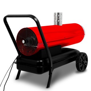EBERTH Diesel Heizkanone 50kW, indirekt, rot/schwarz, mit Abgasrohr und Rädern.