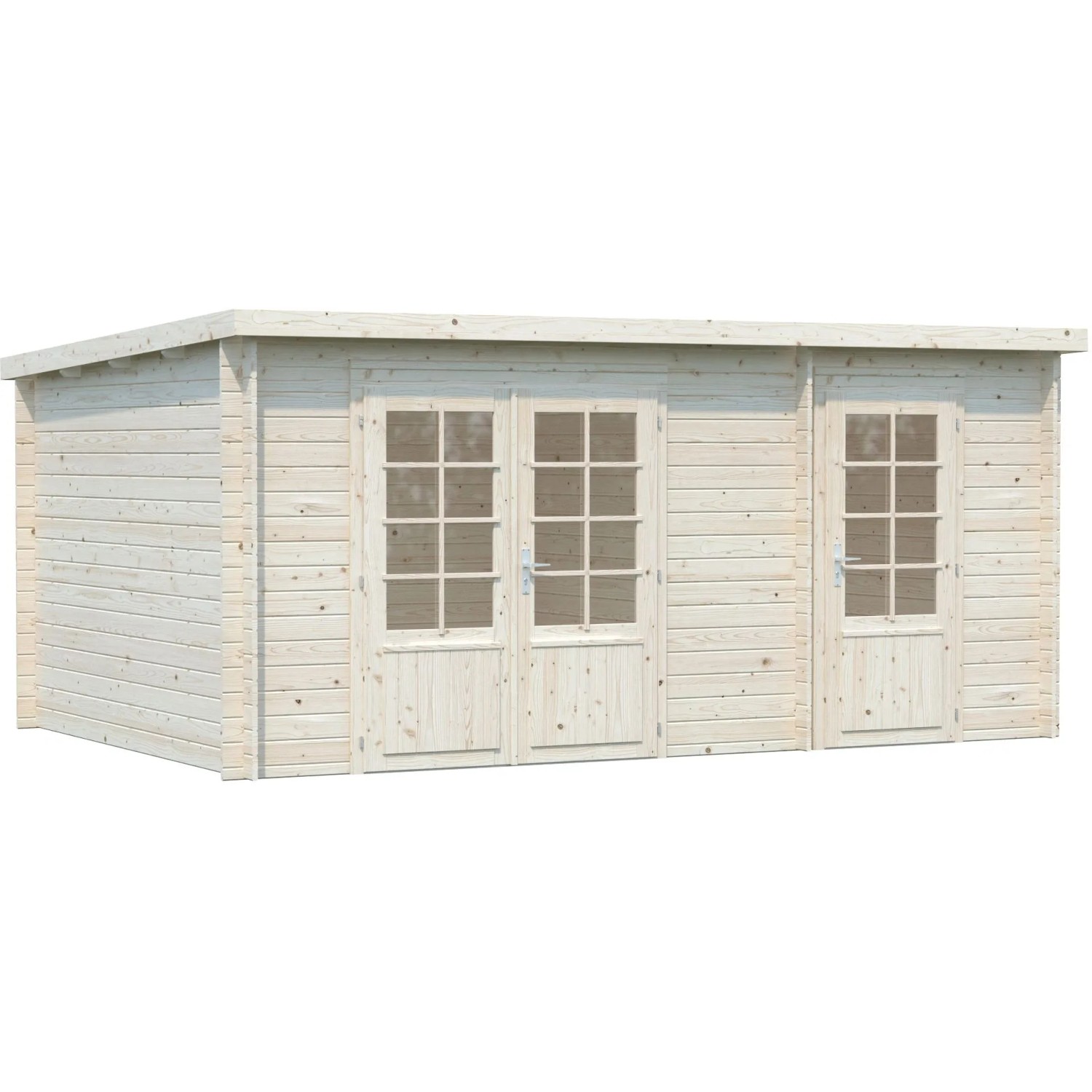 Palmako Ella Holz-Gartenhaus, unbehandelt, mit Pultdach und zwei Türen.