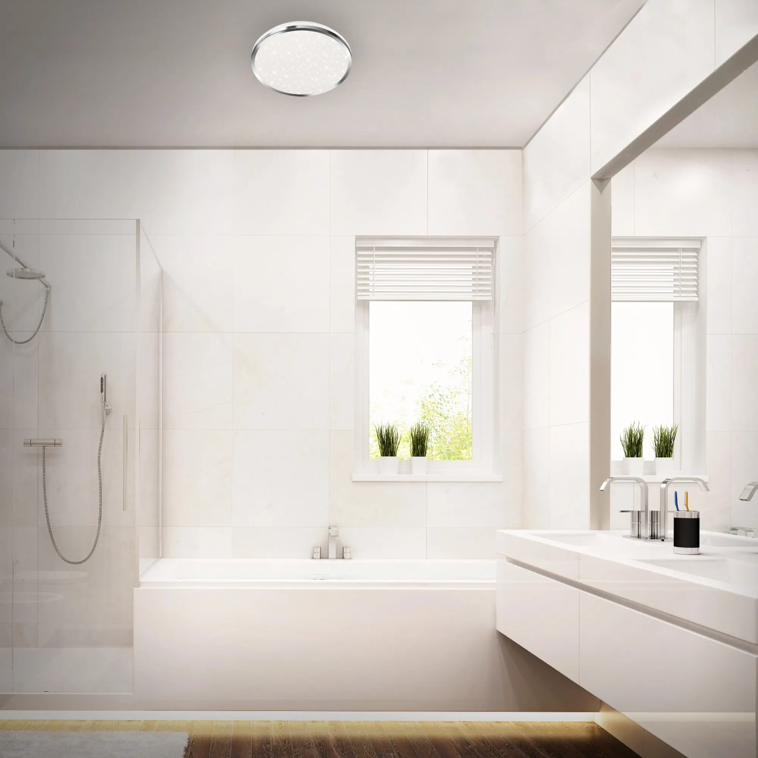 Briloner LED Bad-Deckenleuchte Acorus mit Sternenhimmel-Effekt, silberfarben, im Badezimmer.