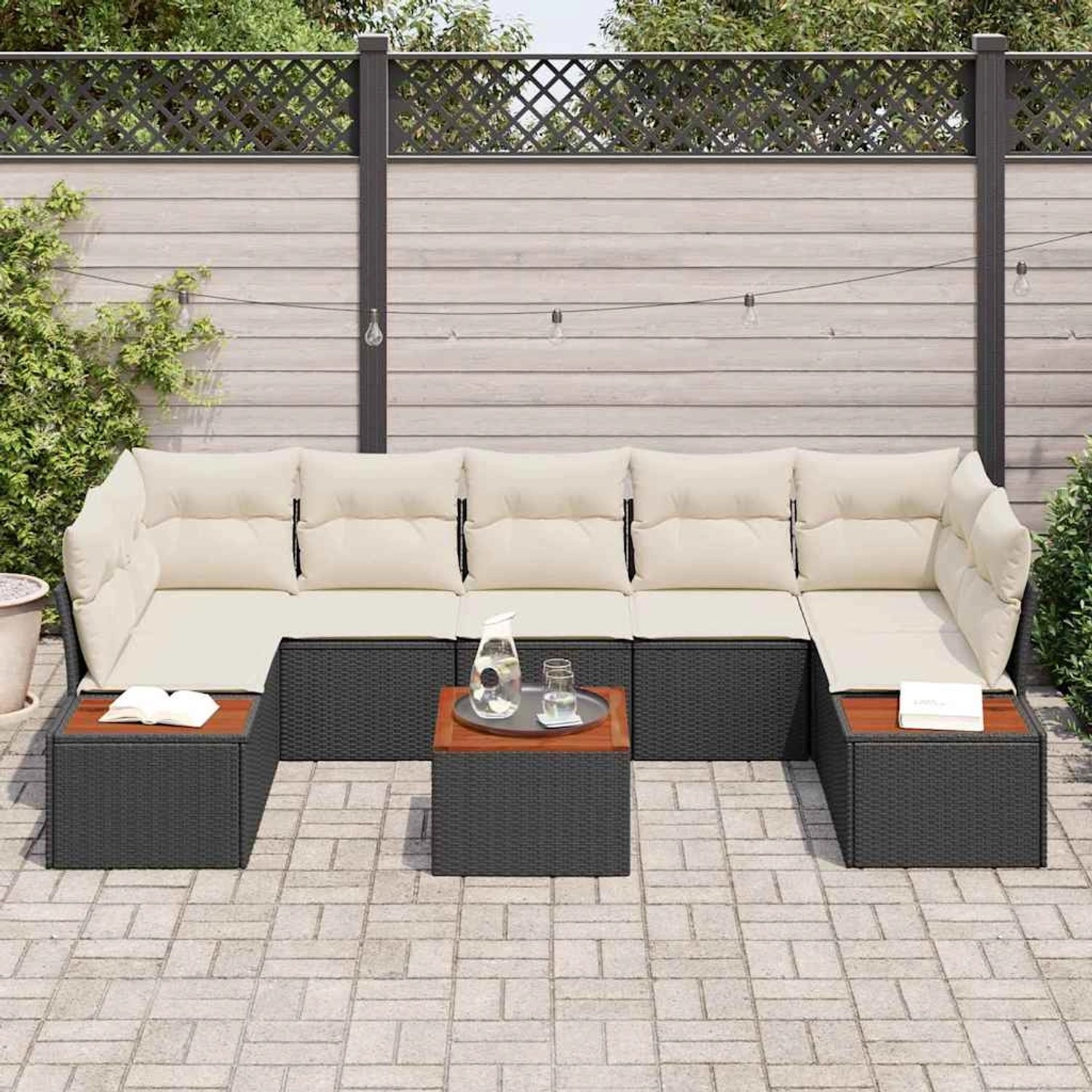 vidaXL Garten-Sofa-Set, 8-teilig, schwarz, Poly Rattan mit beigen Kissen und Tisch.