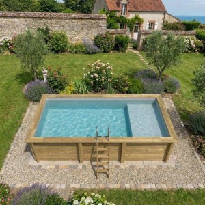 ALTANKA Holzpool Aqua 6,1x2,85 Höhe 1,31 m GRAU mit Liegefläche mit am Beton Verschraubten Stützen BAS7307OSPL2+PLA307