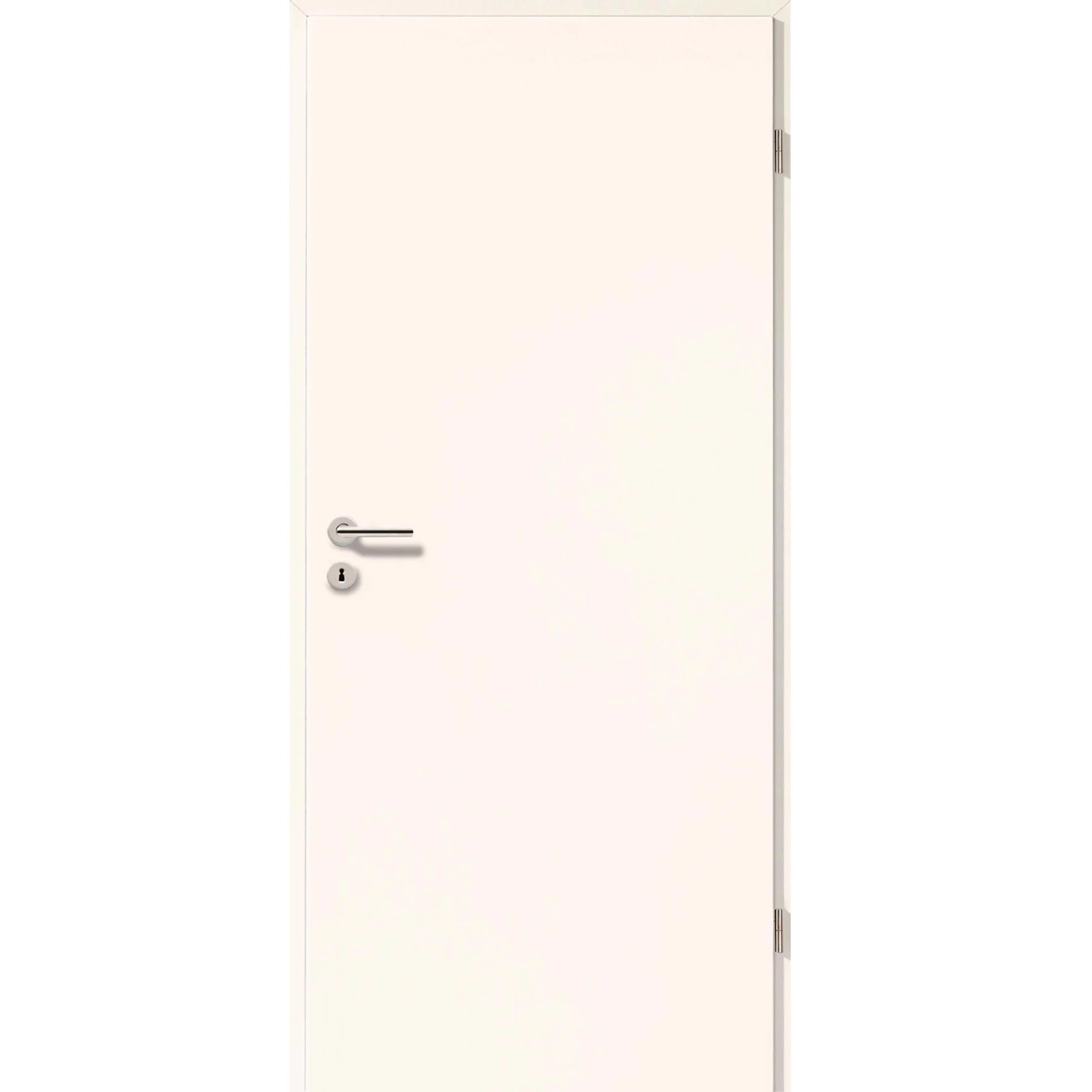 Weiße Zimmertür CPL (ähnlich RAL 9010) mit Türdrücker und Schloss, Anschlag rechts.
