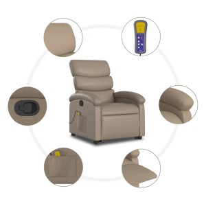 Massagesessel mit Aufstehhilfe in Cappuccino-Braun, Kunstleder. Relaxsessel mit Massagefunktion und Fernbedienung.