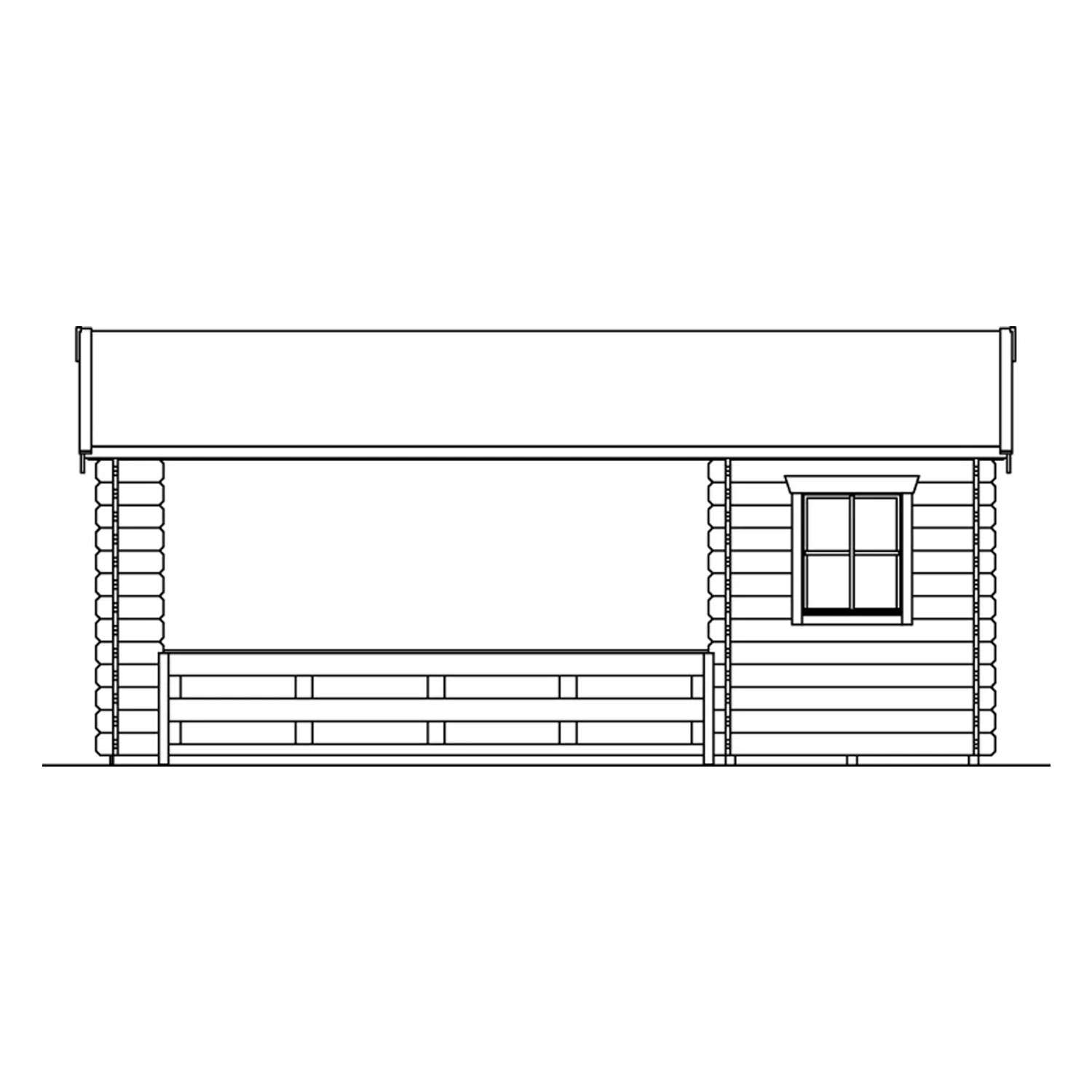 Illustration: Skan Holz Gartenhaus Alicante 1, naturbelassen, mit Anbau und Fenster. Holz-Gartenhaus.