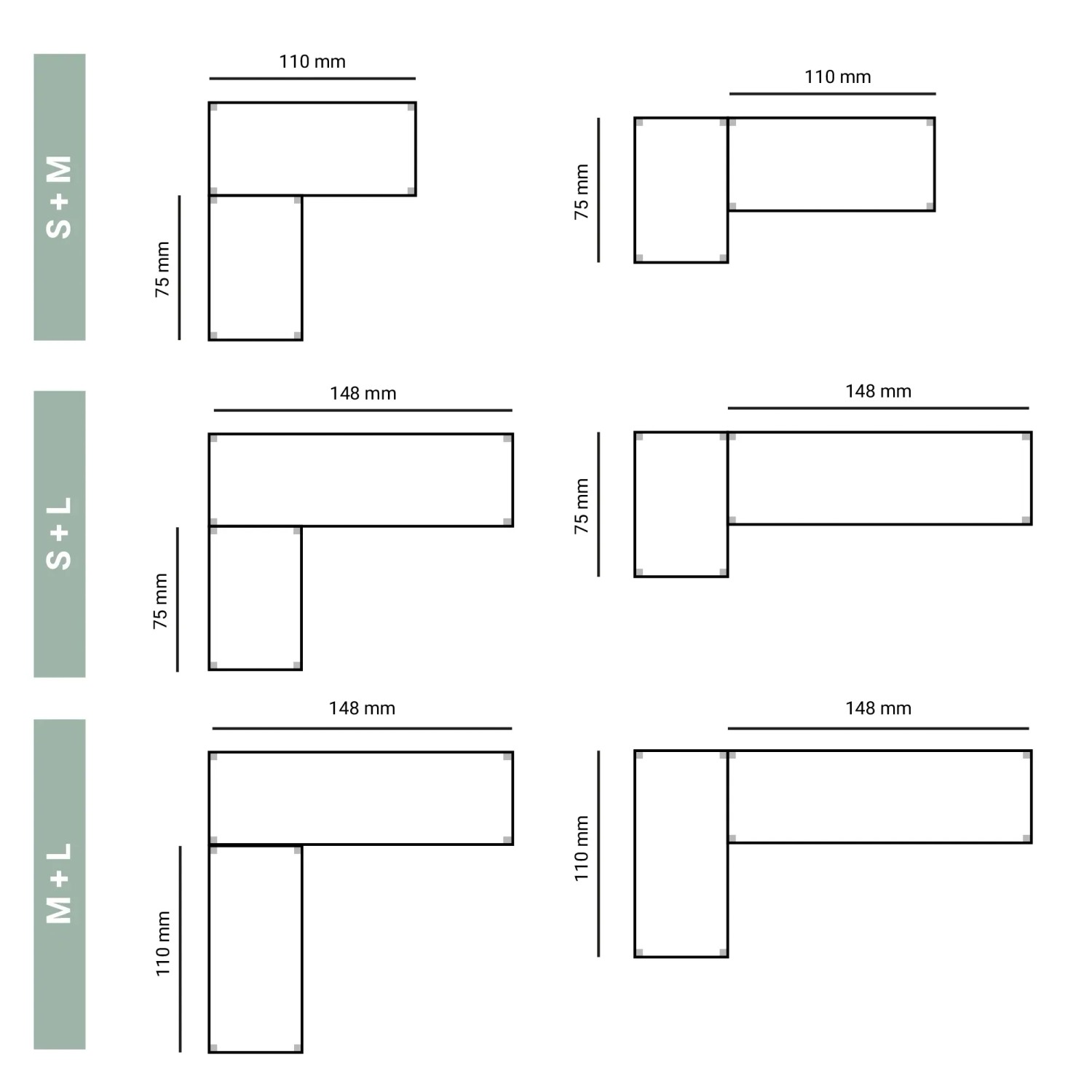 Ar Shelving Gastronorm Regal: Schematische Darstellung der Kombinationsmöglichkeiten S+M, S+L und M+L.