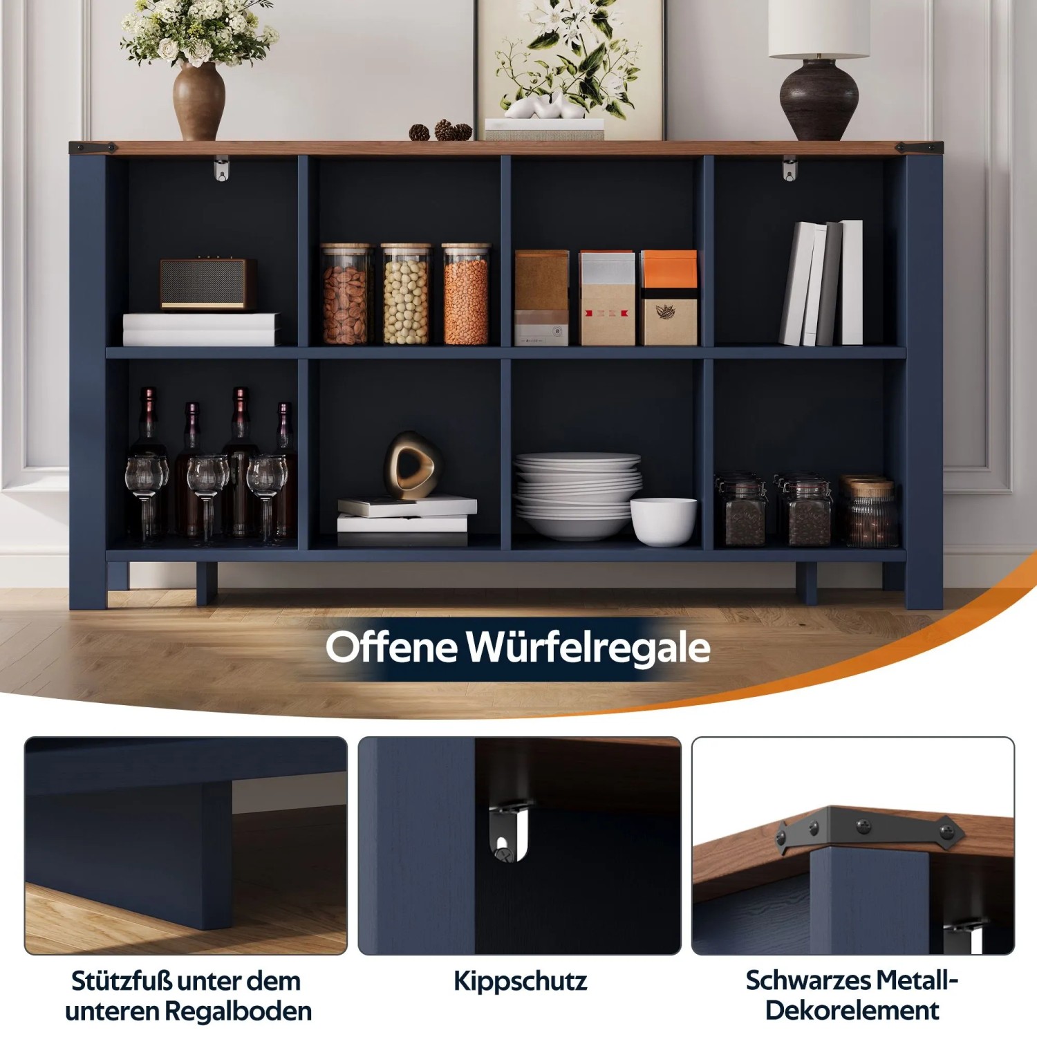 Merax Organizer Regal 140x34x75 cm 8 Staufächer Küche Wohnzimmer Esszimmer_6