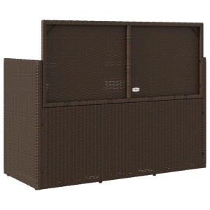 Braune VidaXL Gartenbank aus Poly Rattan mit Stauraum und hochgeklappter Rückenlehne.