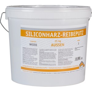 Eimer Laier Silikonharz-Reibeputz, 25 kg, weiße Farbe, Körnung 3 mm, für Außenanwendung.