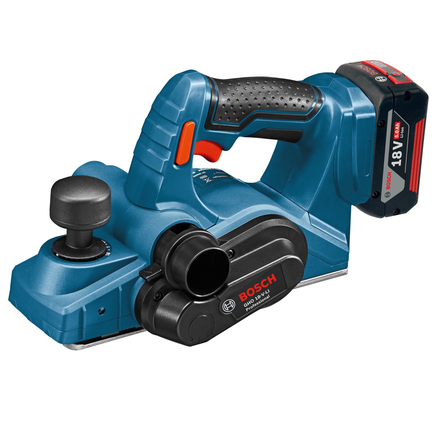 Blauer Bosch Professional Akku-Hobel GHO 18V-LI Solo mit Akku. Hobel für Holzbearbeitung.