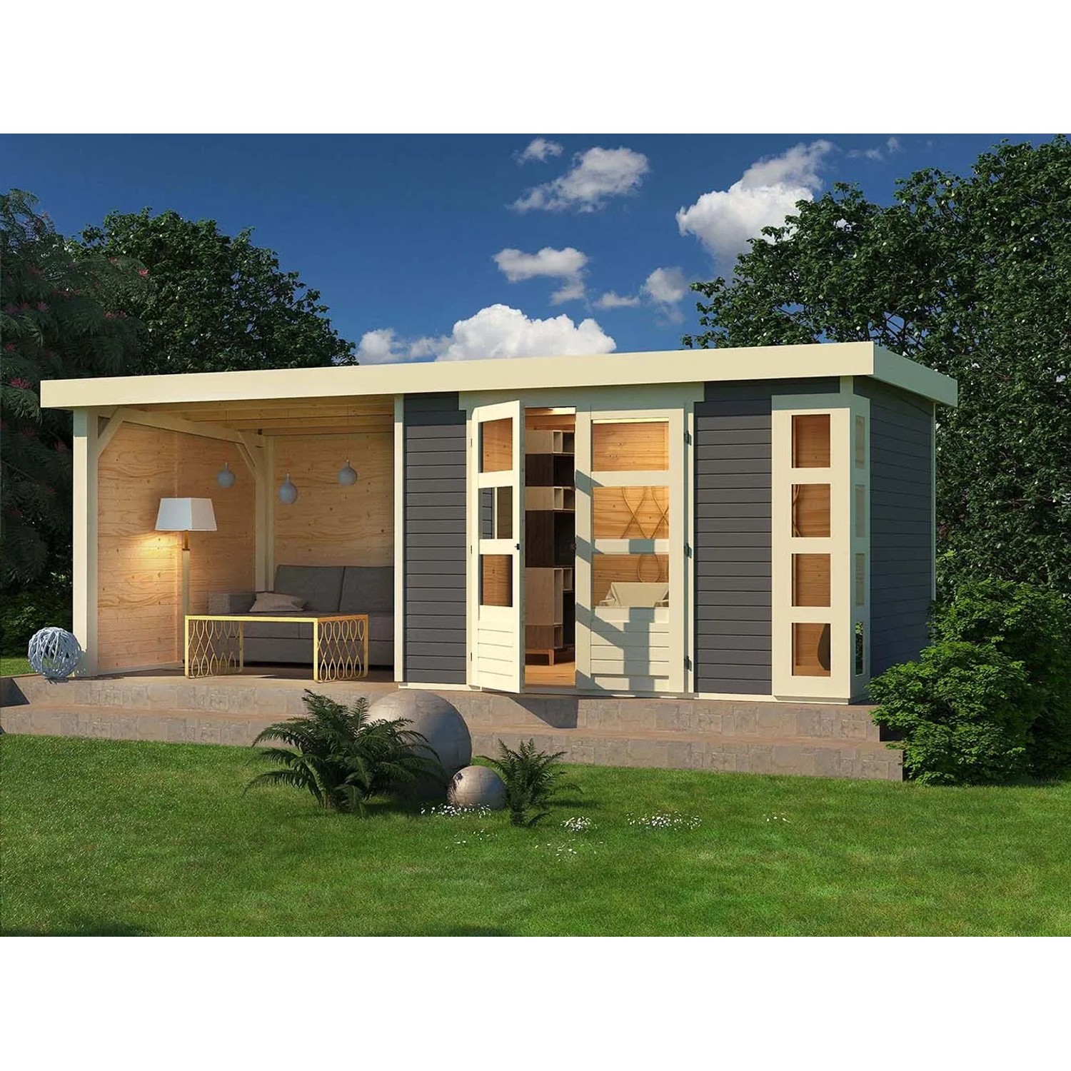 Terragraues Karibu Holz-Gartenhaus Sölve mit Flachdach und überdachter Terrasse.