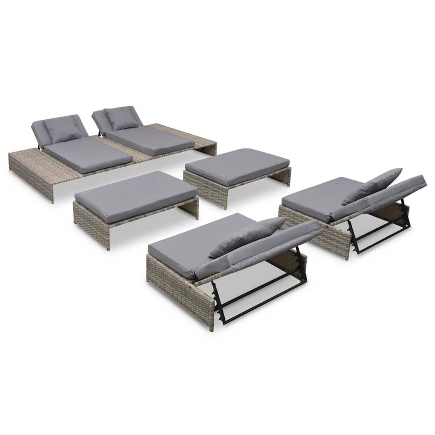 Graues 5-tlg. vidaXL Garten-Lounge-Set aus Rattan mit Auflagen und verstellbaren Rückenlehnen.