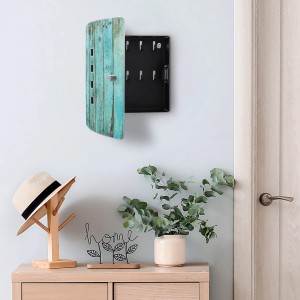 Offener Banjado Schlüsselkasten aus Edelstahl mit blauem Holz Motiv, 10 Haken.
