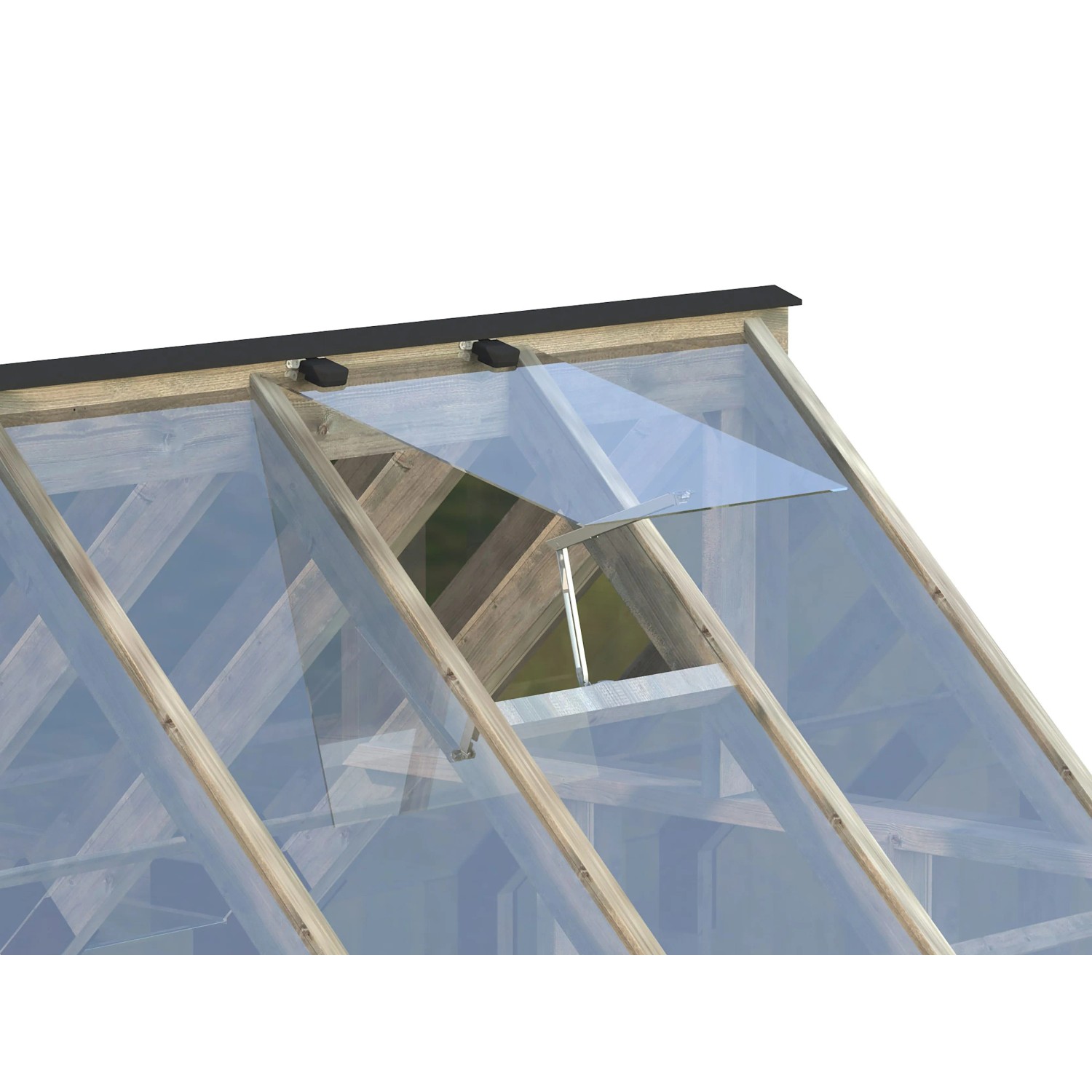 Detailaufnahme: Geöffnetes Fenster im Palmako Gewächshaus Emilia 19 aus Holz und Glas.