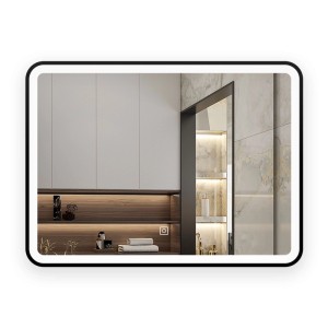 Rechteckiger Aica Badspiegel 80x60 cm mit LED-Beleuchtung und schwarzem Rahmen.