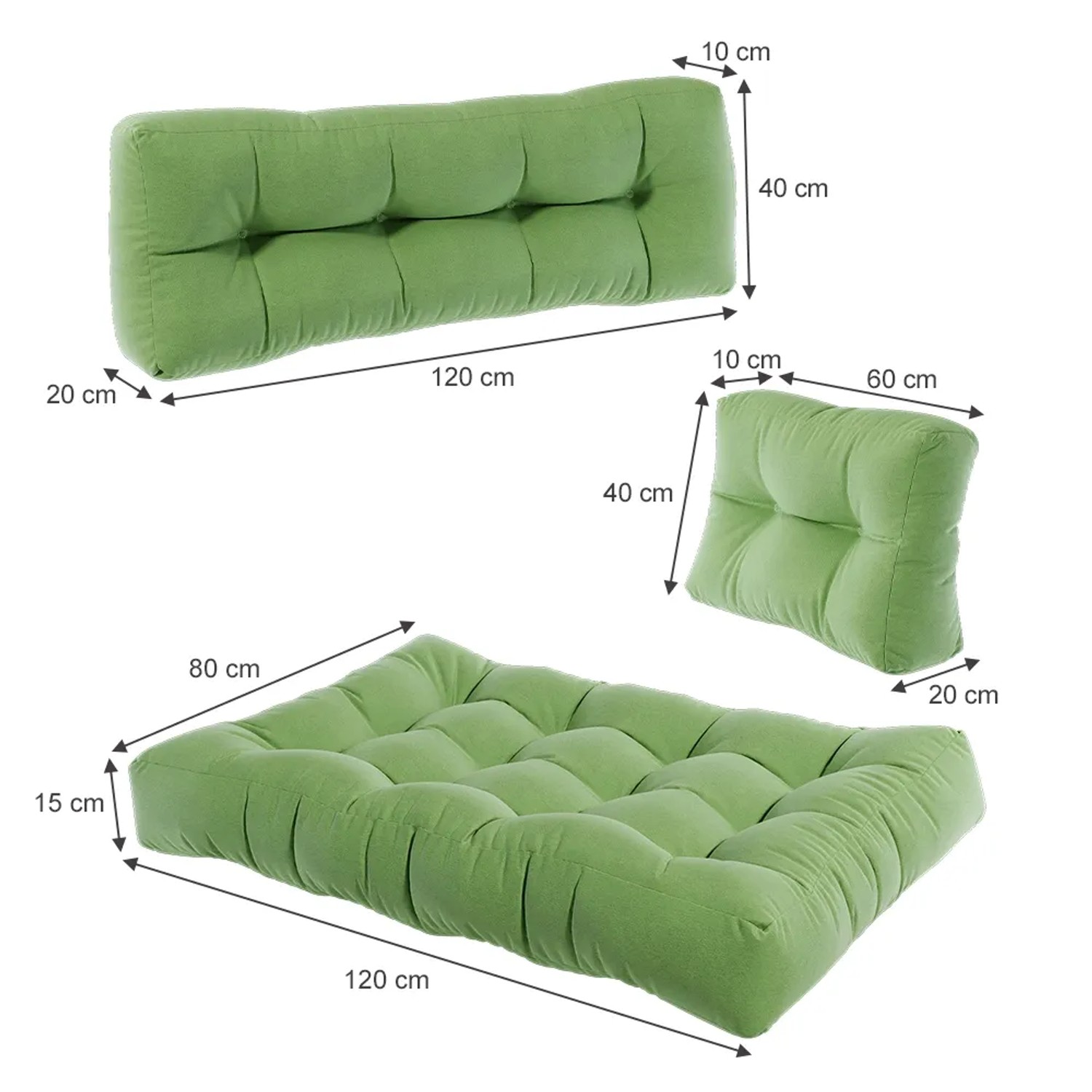 Vicco Palettenkissen Set Grün, 3-teilig mit Maßen für Palettenmöbel. Bequeme Sitzkissen & Gartenstuhlauflagen.