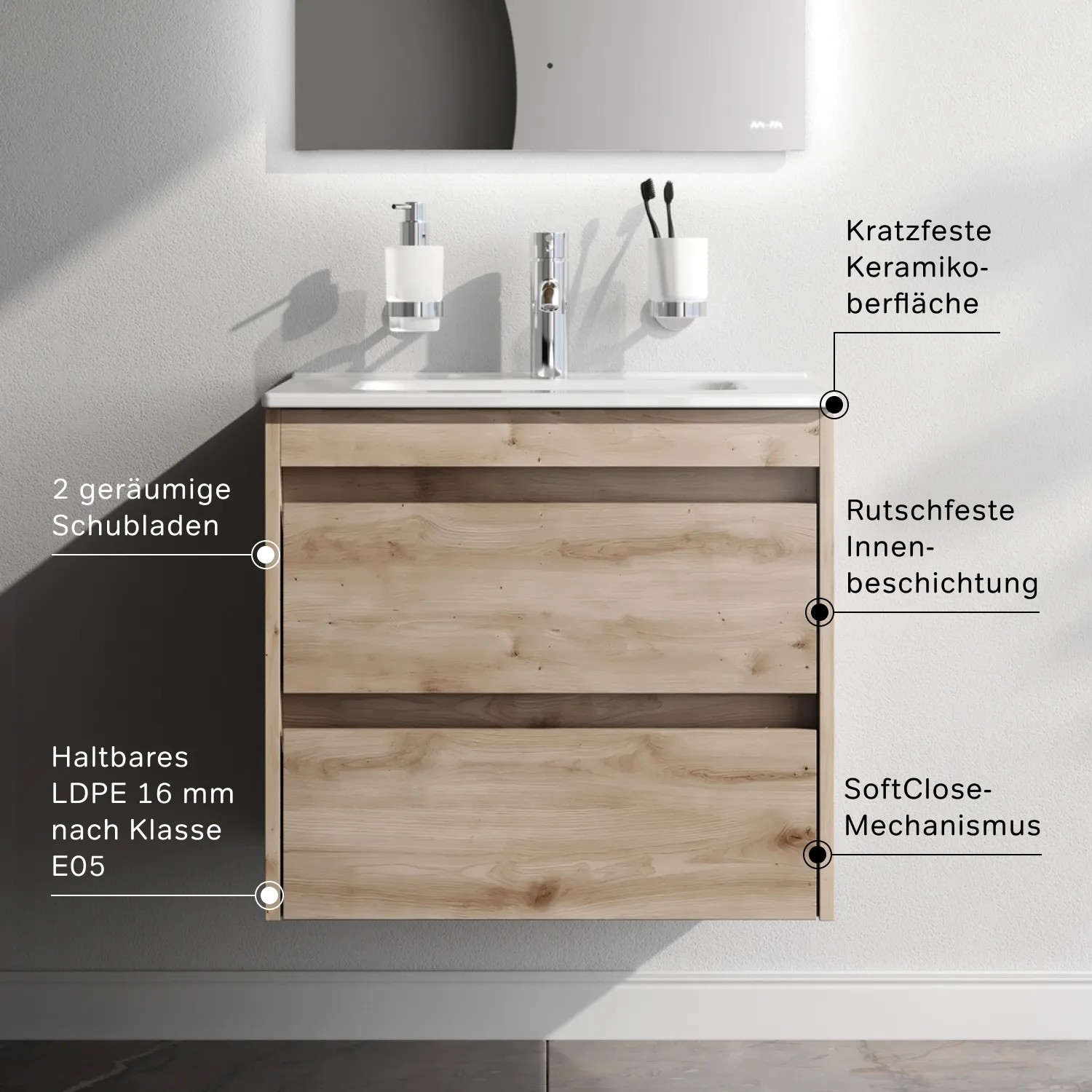 AM.PM Waschtischunterschrank Spike Eichenfarbe, 60 cm, mit weißem Becken und 2 Soft-Close Schubladen. Wandhängendes Badmöbel.