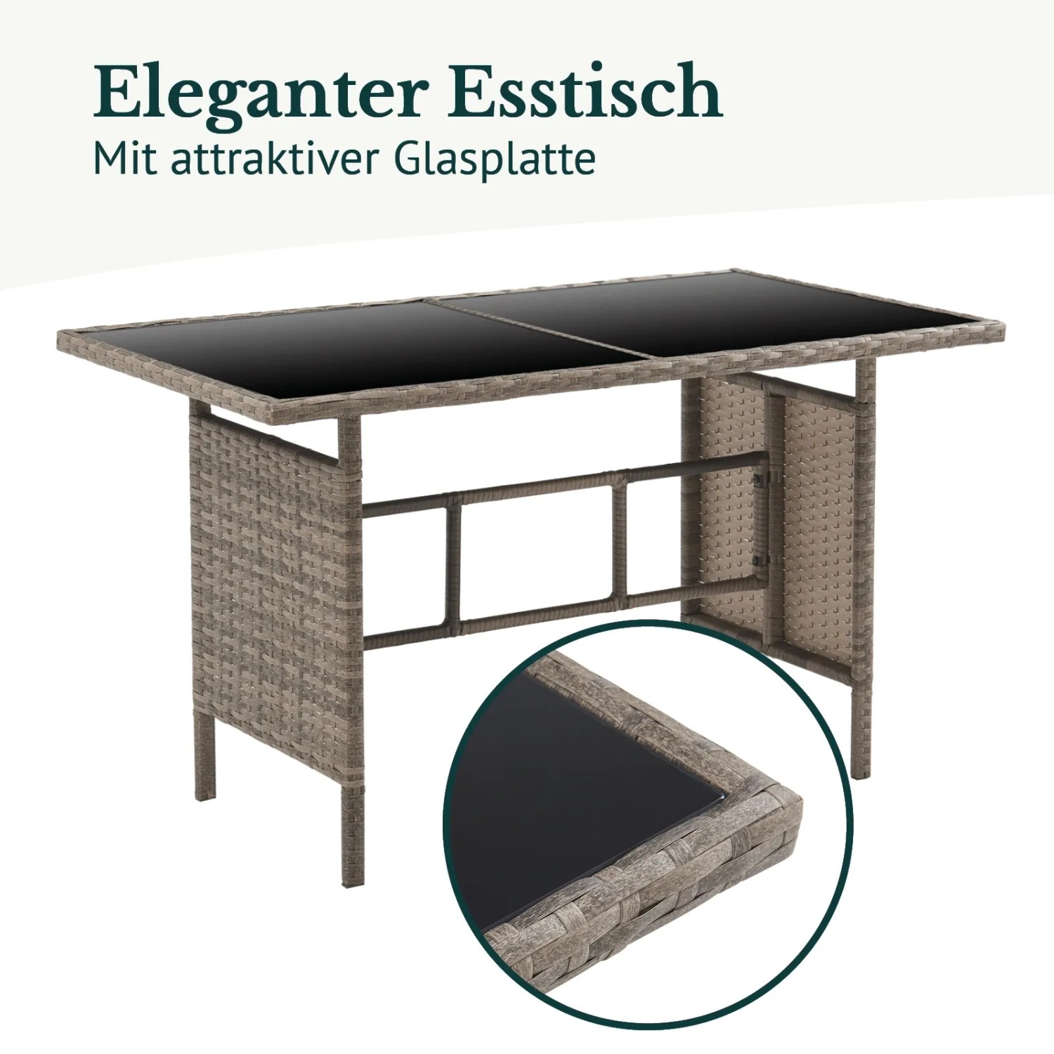 Esstisch aus Polyrattan, Teil des Svita Denver Gartenmöbel Sets, mit Glasplatte in Braun.
