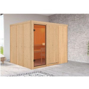 Karibu Innensauna Celine aus hellem Holz mit bronzierter Glastür und Holzbänken. Ideal für 2-3 Personen.