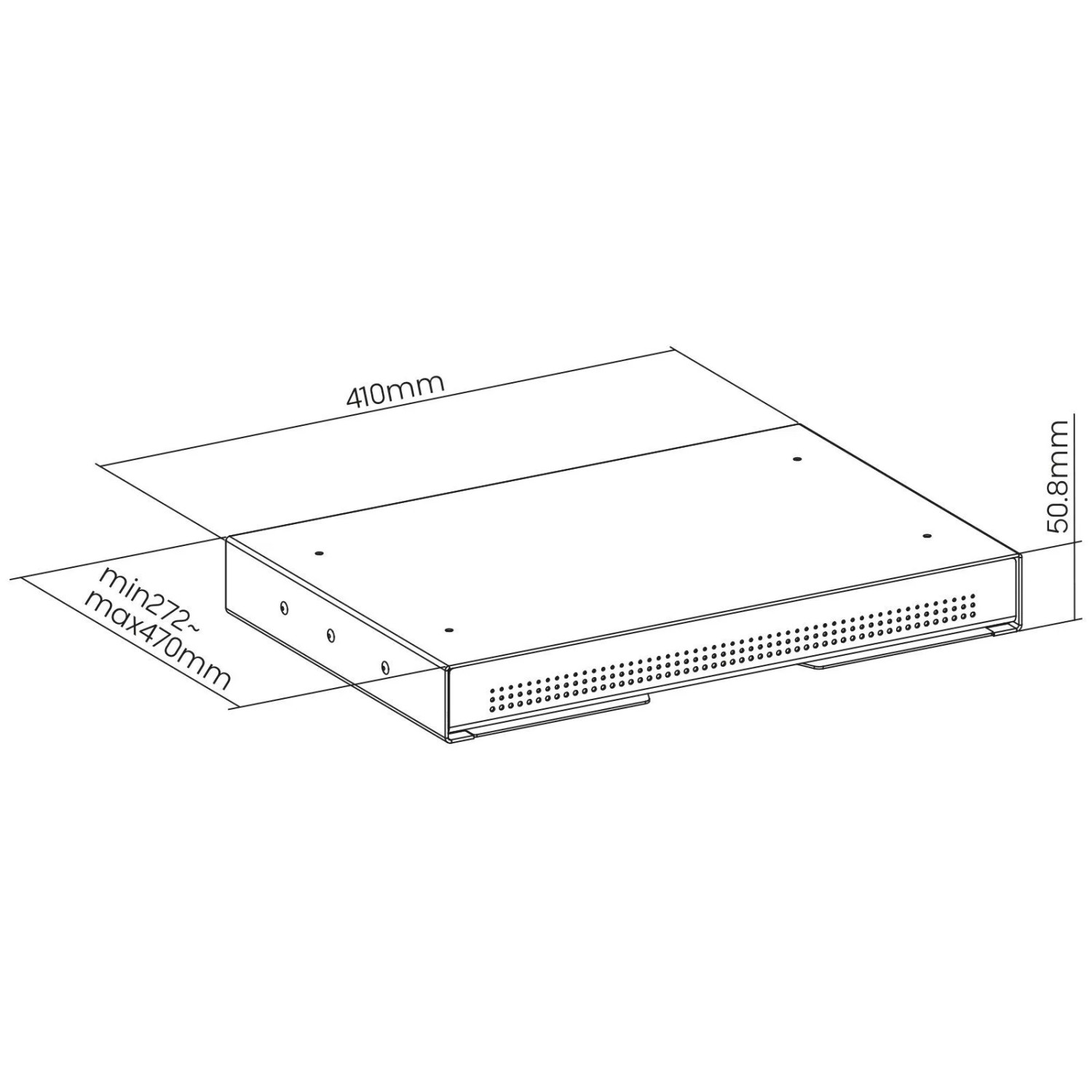 Technische Zeichnung der SOTECH CAVO Dokumentenschublade aus Stahl in Schwarz mit Maßen 410x50,8x272-470mm.