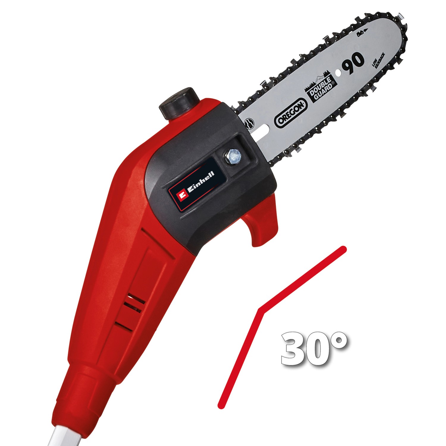 Einhell Akku-Hochentaster GC-LC 18/20 Li T-Solo mit 30° geneigtem Kopf und Oregon-Kette.