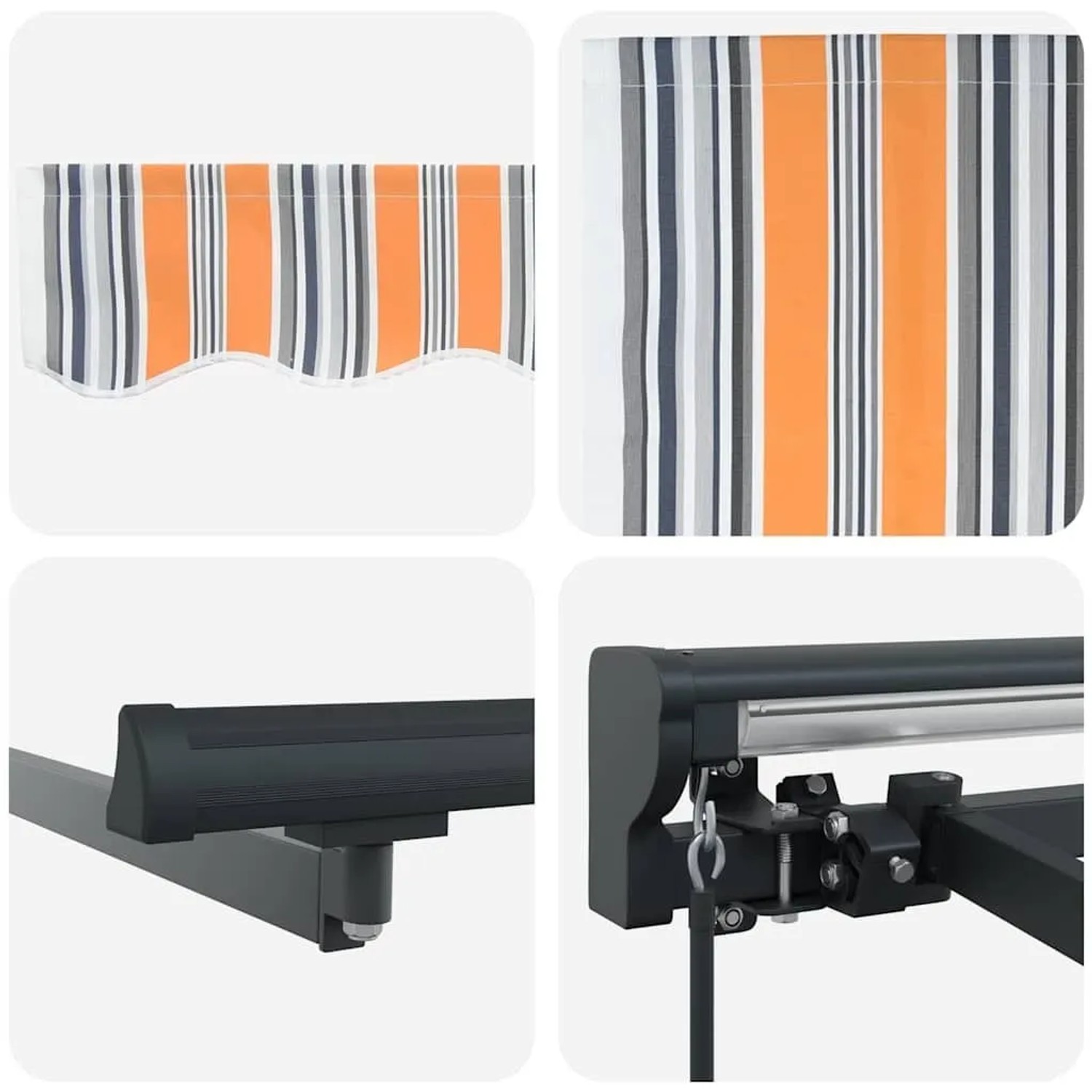 vidaXL Einziehbare Markise, blau-orange gestreift, mit Details zu Stoff und Mechanismus.