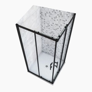 Duschkabine 80x80x195cm mit schwarzem Rahmen, Schiebetür und Eckeinstieg aus 6mm ESG Sicherheitsglas.