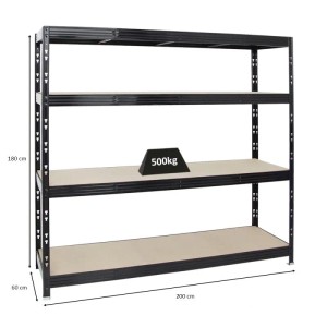 Schwarzes PROREGAL Schwerlastregal Rhino mit 4 Spanplatten-Ebenen, 180x200x60 cm, Fachlast 500 kg.
