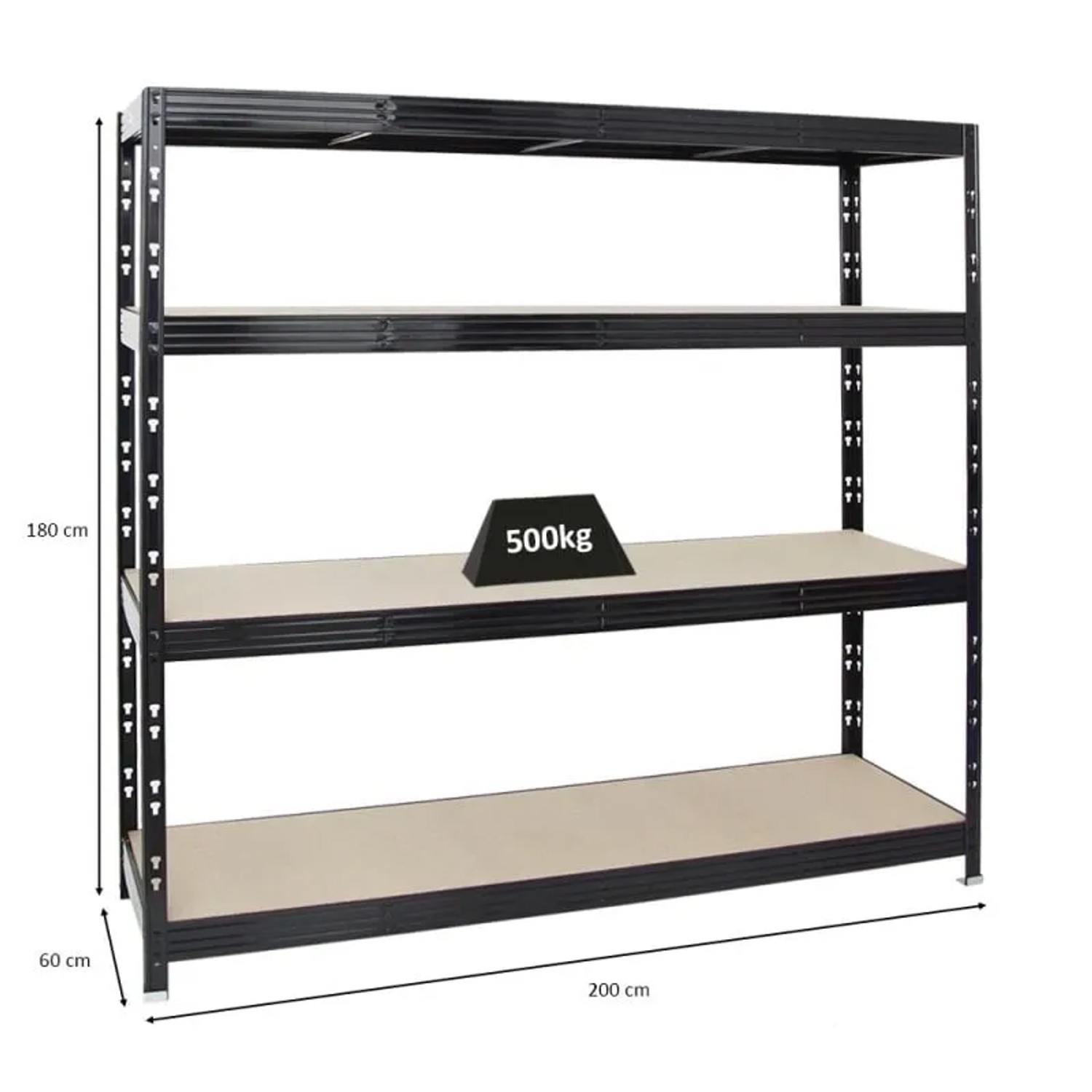 Schwarzes PROREGAL Schwerlastregal Rhino mit 4 Spanplatten-Ebenen, 180x200x60 cm, Fachlast 500 kg.